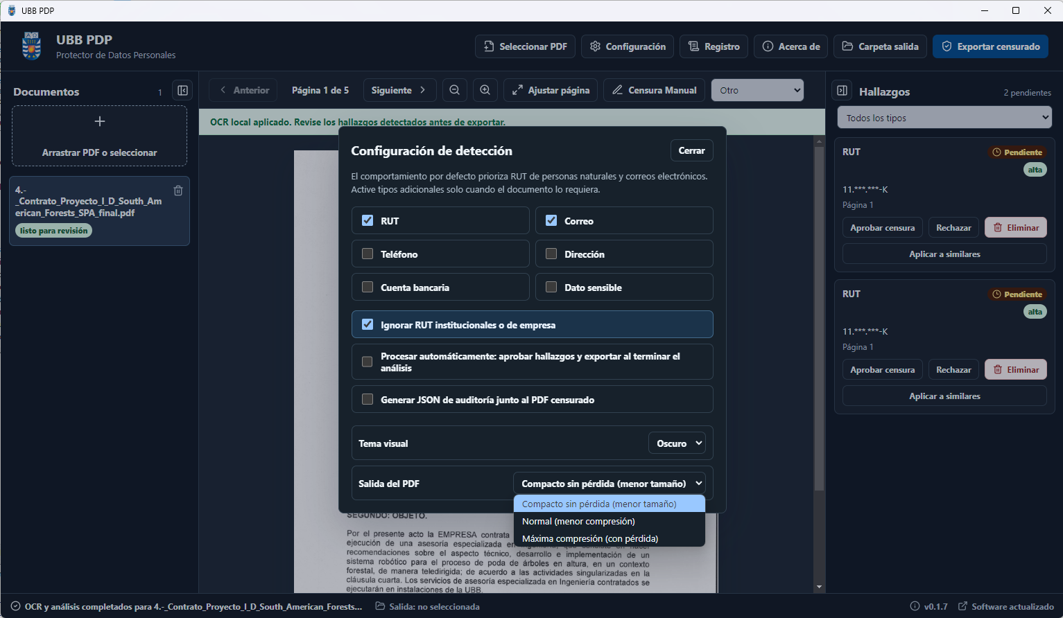 Configuración de detección y salida del PDF